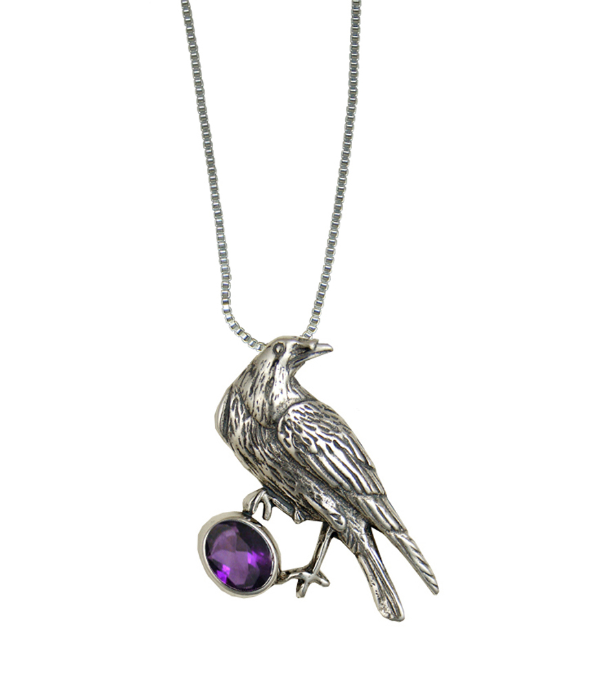 Sterling Silver Raven Pendant With Faceted Amethyst